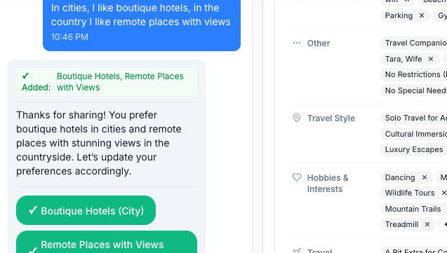 Travel preferences screen showing preferred airlines, hotels, car rentals, home airports, dietary restrictions and accessibility needs
