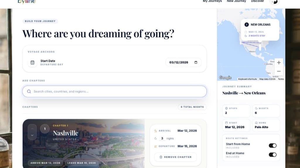 Journey builder showing destination search, chapters for Nashville and New Orleans, with a map and journey summary